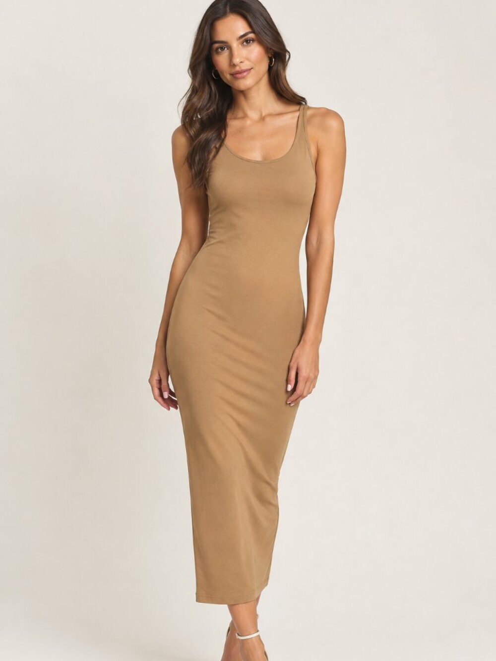 CHICME Brown Camel Sleeveless Scoop Neck Bodycon Midi Dress Size M
